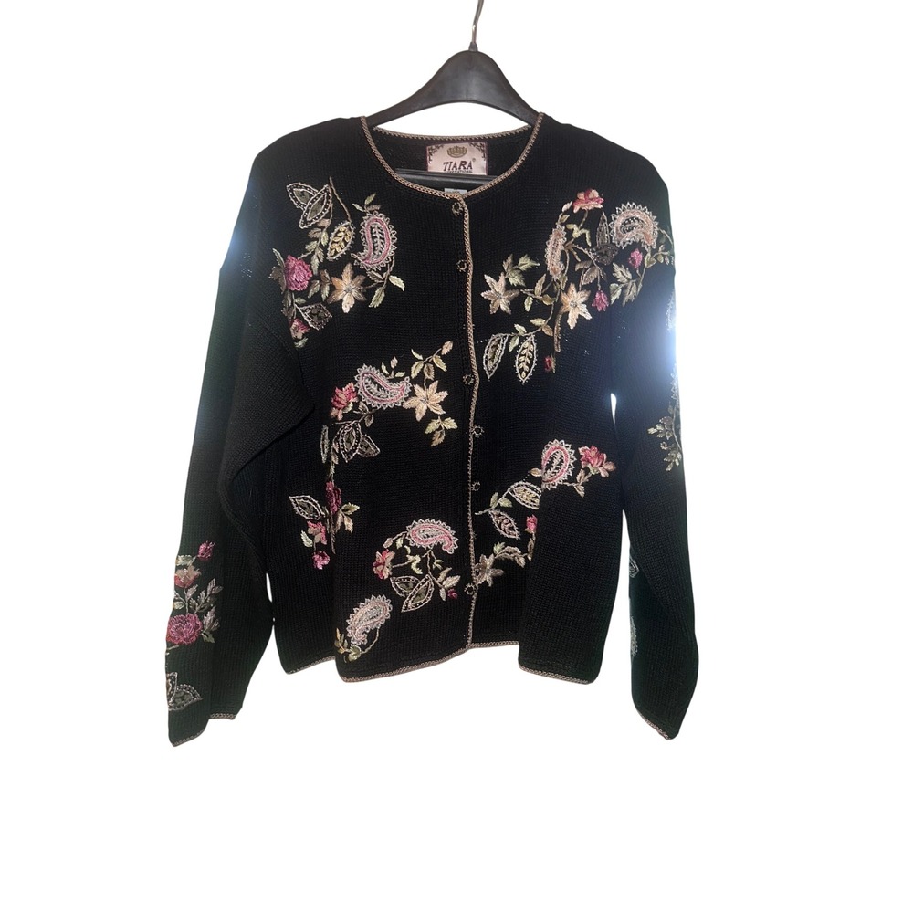 Tiara International Vintage 1999 Black Floral Paisley Embroidered Cardigan XL